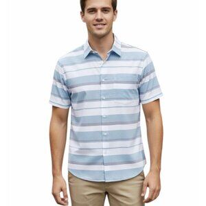 ⭐Perry Ellis Men's Sz L Shirt White Blue Striped Short Sleeve Cotton Collar NEW⭐
